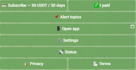 Buttons under /start: Alert topics, Open app, Settings, Status, Privacy, Terms, Feedback
