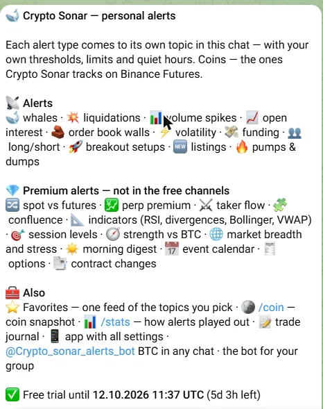The bot's /start message: alert types, premium alerts and the «Also» list