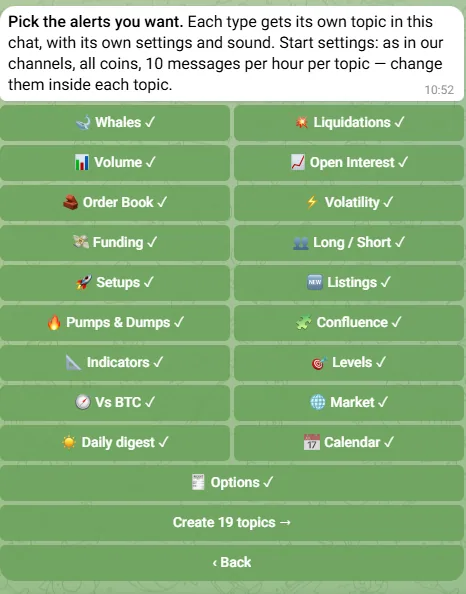 The alert topics picker: 19 alert types with check marks and the Create topics button