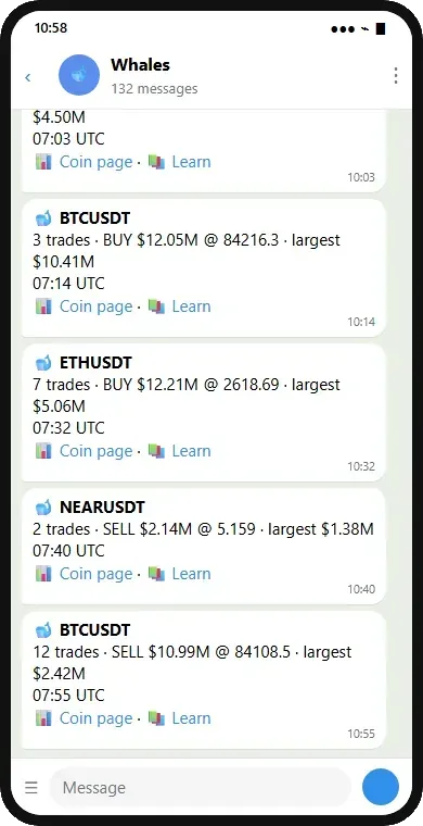 The Whales topic with alerts: coin, trades, size, price and the Coin page link
