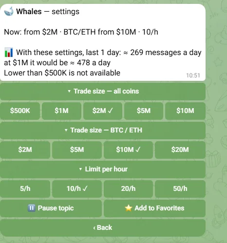 Whales settings: trade size for all coins and BTC/ETH, limit per hour, pause and Favorites