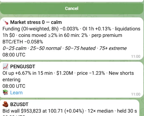 Alerts in the chat: market stress, open interest and order book walls