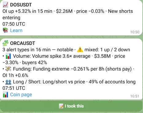 A Confluence alert with three alert types on one coin and the «I took this» button