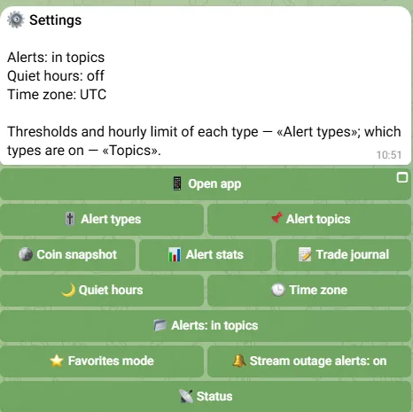 The /settings menu with all its buttons