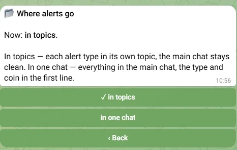 Where alerts go: in topics or in one chat