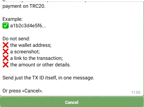 The «I paid» prompt: send only the transaction hash, or press Cancel