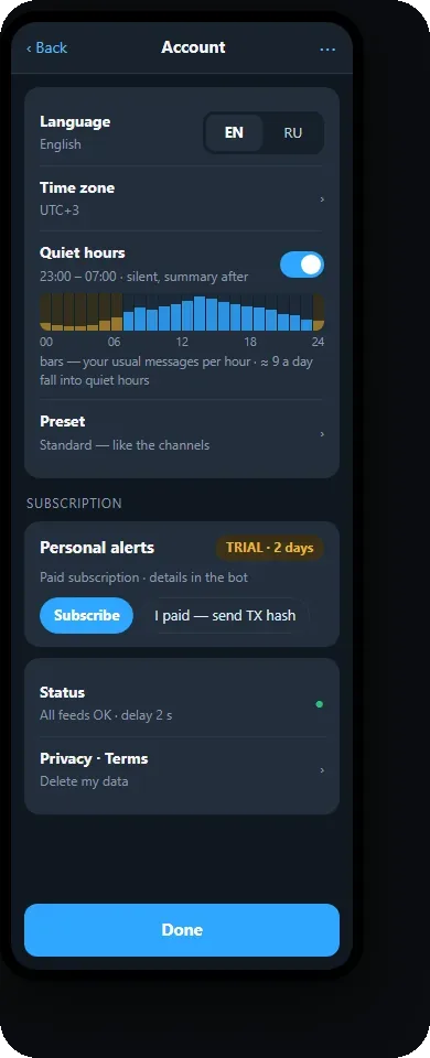 Mini App Account: language, time zone, quiet hours bar, preset and subscription