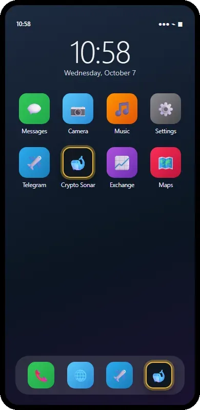 A phone home screen with the Crypto Sonar icon next to other apps