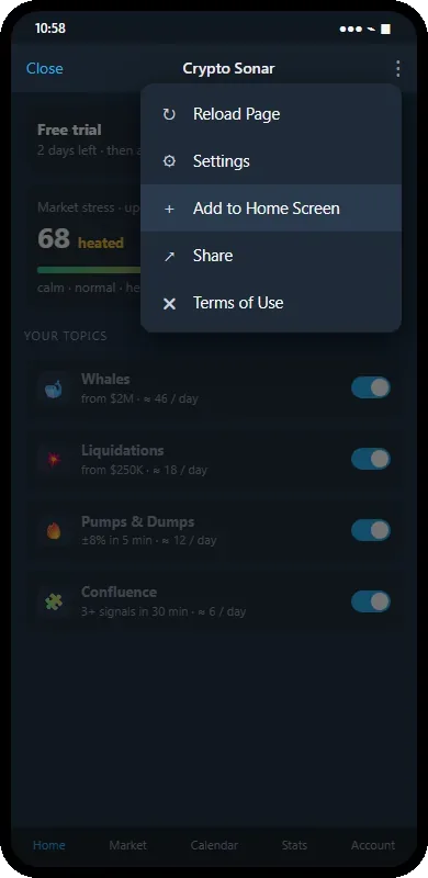 The Mini App window with the three-dots menu open and «Add to Home Screen» highlighted